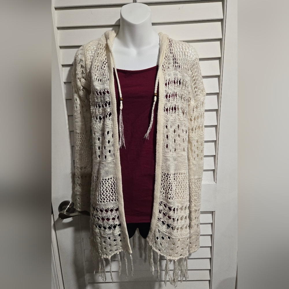 It's Our Time Ivory Open-Knit Hooded Cardigan